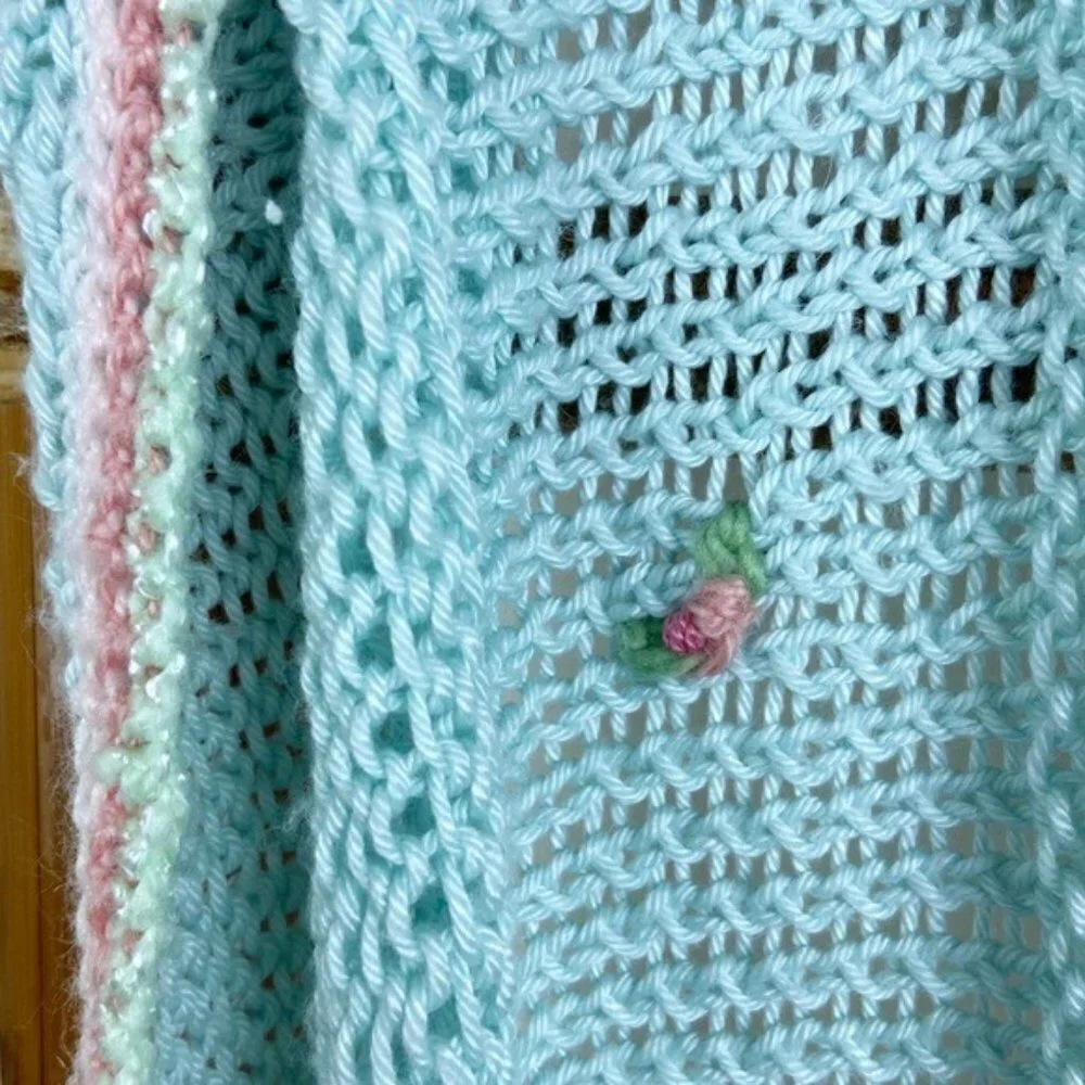 Vintage Blue Crochet Rosebud Handmade Blanket
